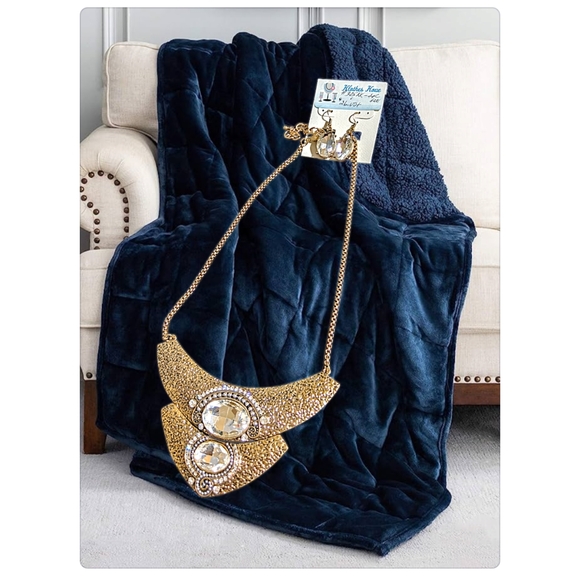 Jewelry - Gold Tone Statement Bib Necklace with Matching Earrings with Clear Rhinestones